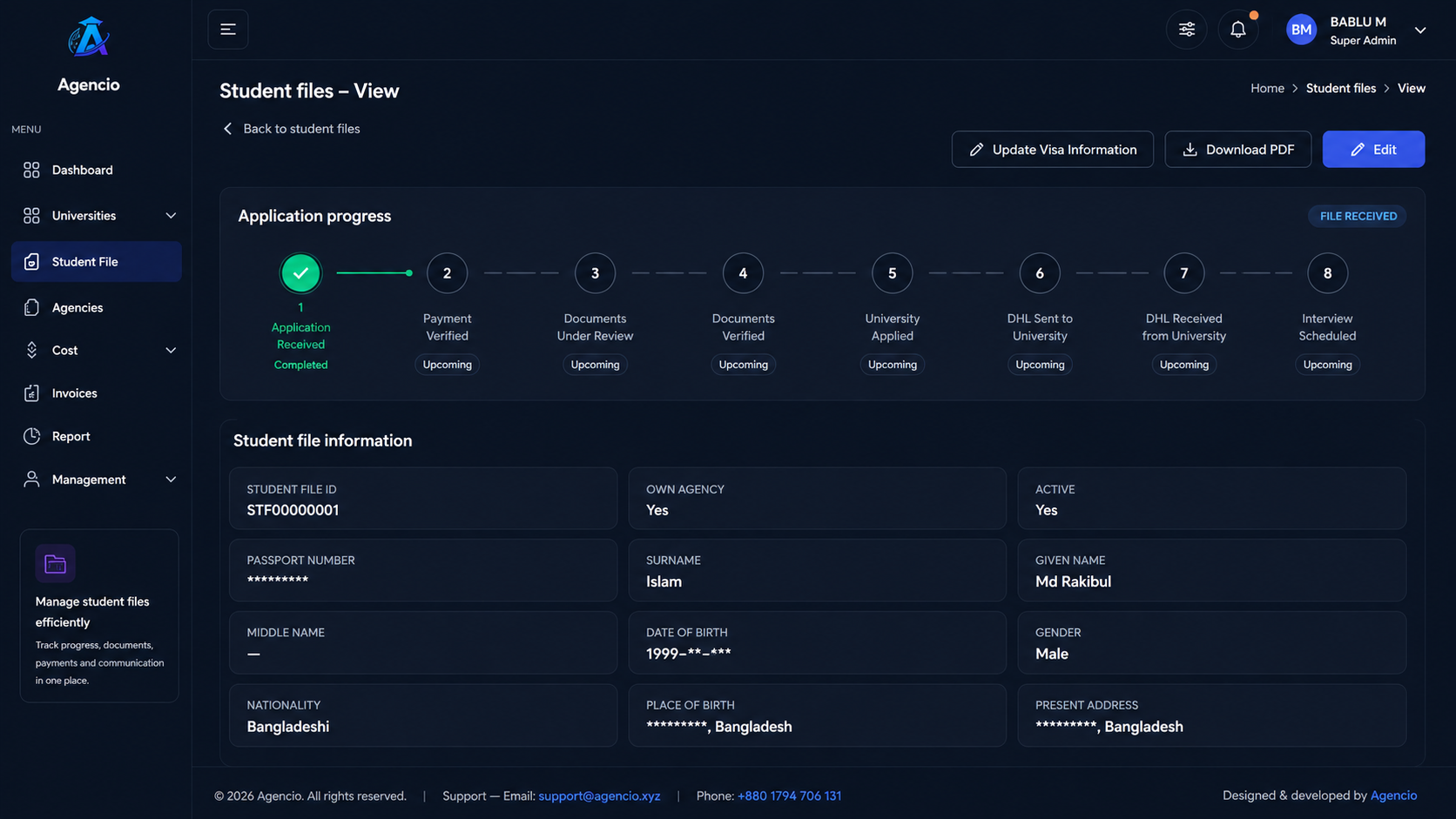 Agencio student file dashboard