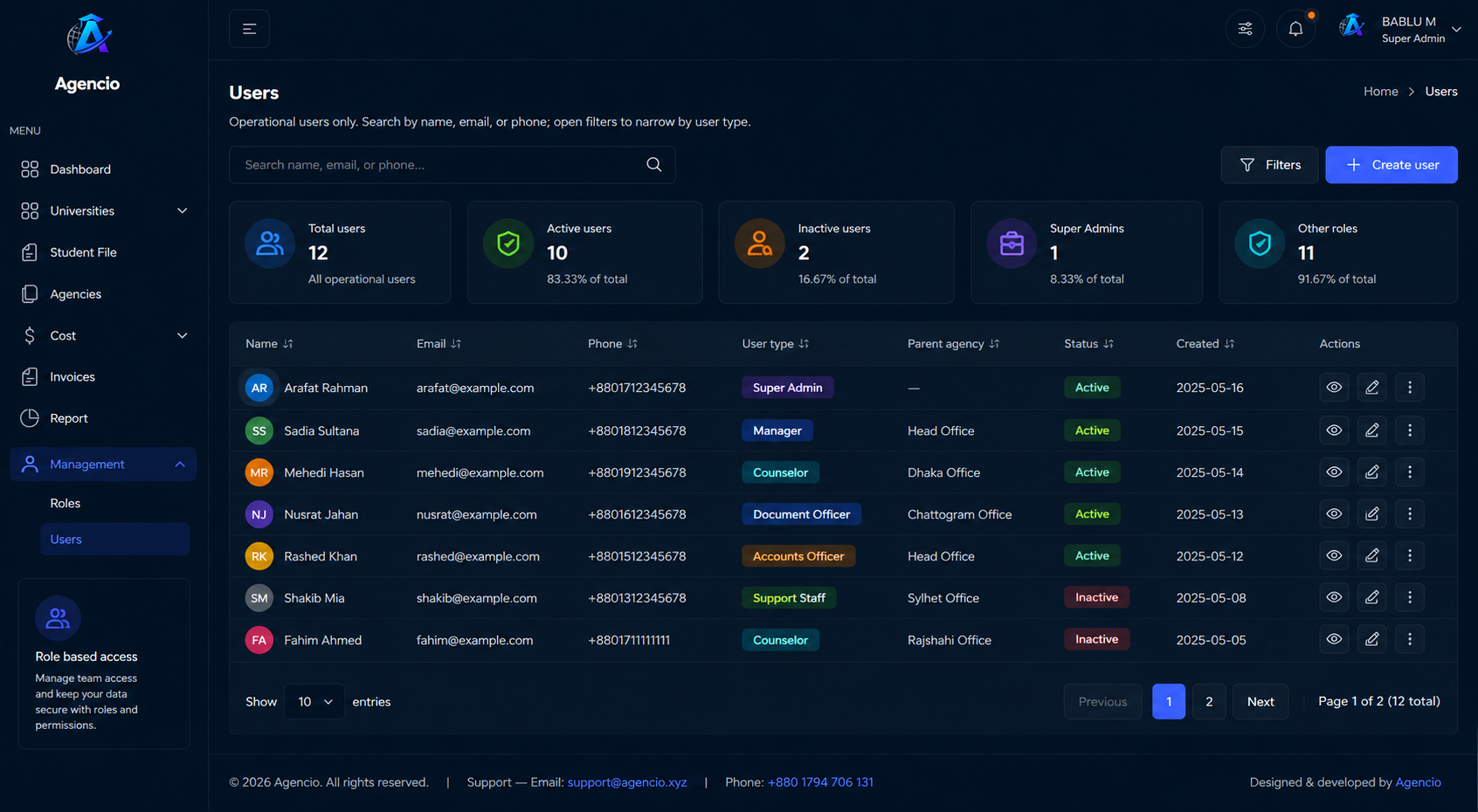 Agencio team and roles — controlled team access